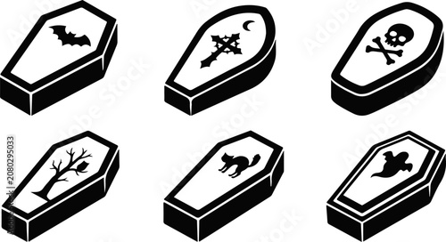 Set of Halloween vampire coffin open silhouettes black icon Vector illustration and six black silhouette coffin designs for Halloween or gothic themed projects