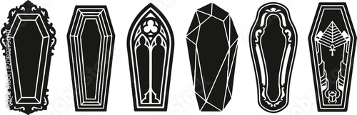Set of Halloween vampire coffin open silhouettes black icon, Vector illustration, and six black silhouette coffin designs for Halloween or gothic themed projects