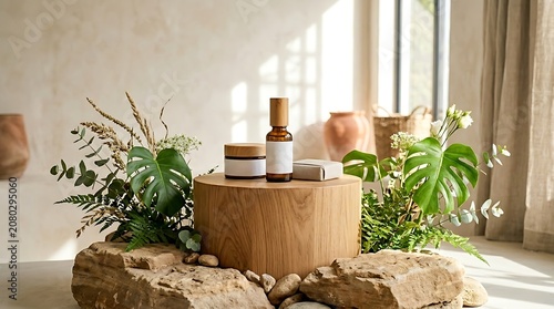 Natural Skincare Products Displayed on Wooden Pedestal with Greenery.