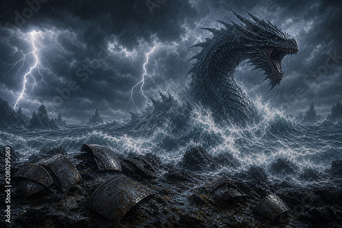 Storm Dragon Sea Battle Fantasy Background Marketing Scene