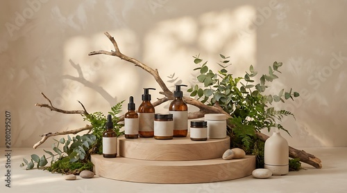 Natural Skincare Products Displayed with Eucalyptus and Wood Branches.