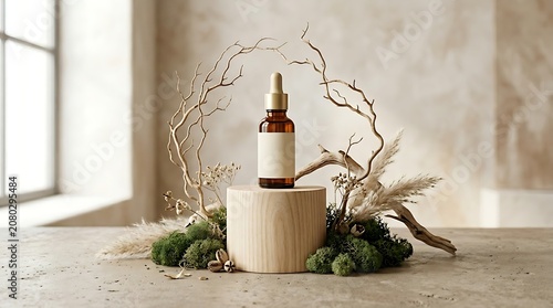 Natural Skincare Serum Bottle on Wooden Pedestal with Moss and Dried Branches.