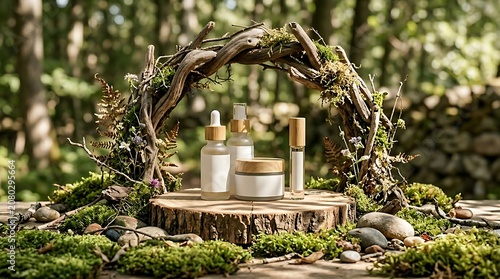 Natural Skincare Products Displayed on Wooden Pedestal in Lush Forest Setting.