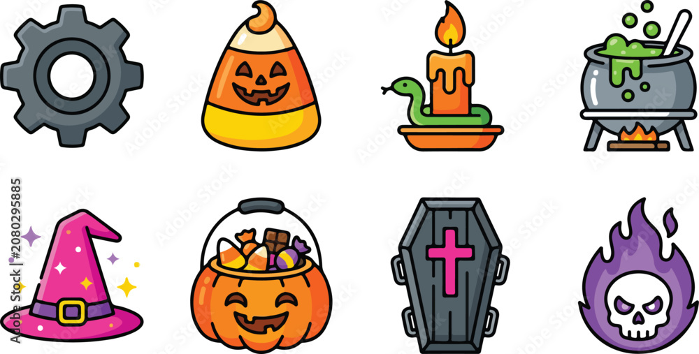 Naklejka premium Halloween icons including candy corn jack o lanterns witch hat and spooky symbols