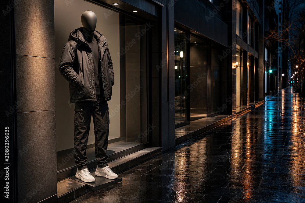 Obraz premium Wet Pavement Fashion Display With Night City Light
