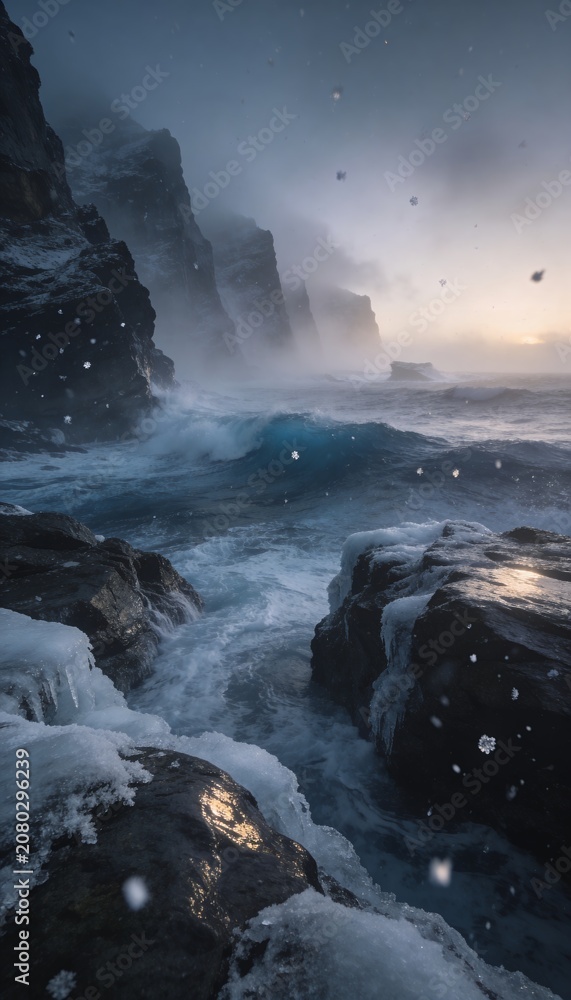 Fototapeta premium Dramatic Winter Ocean Waves Crashing Against Icy Cliffs During a Snowstorm