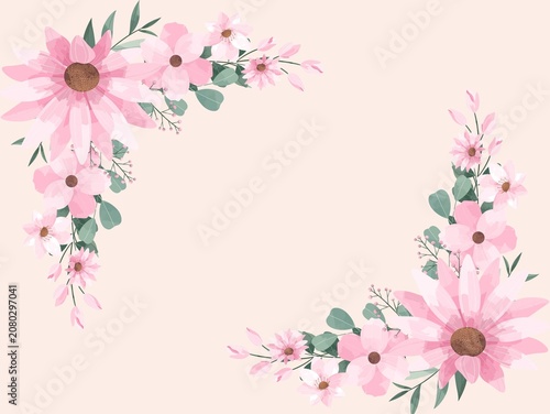 Konstfotografi Pink floral corner arrangement featuring large, soft pink daisy-like flowers with brown centers, accompanied by smaller pink blossoms