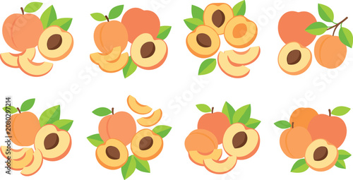 Fotografía Set of fresh peach flat vector icons with whole half fruit slices and green leav