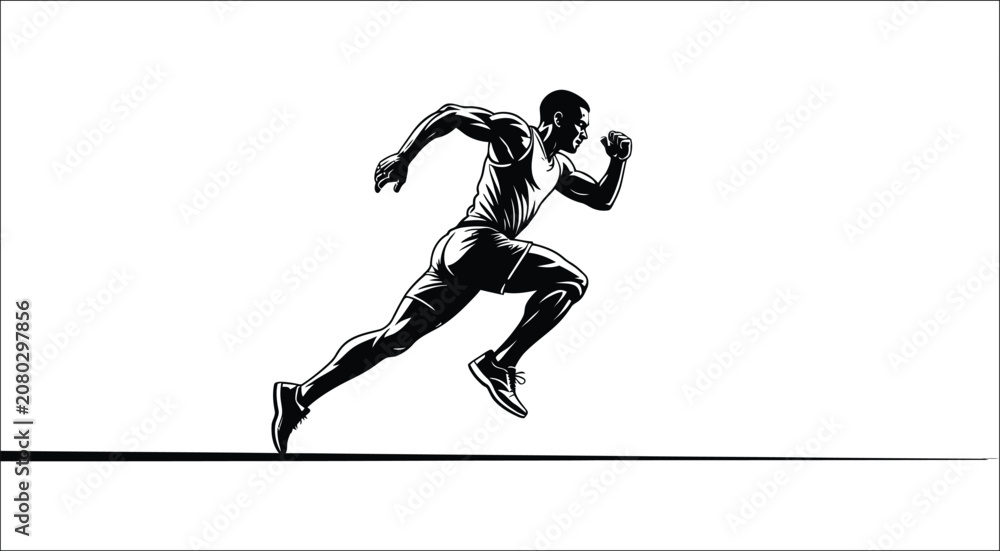 Fototapeta premium Sprinter silhouette running across the track with bold shadowing, powerful movement, and competitive athletics style, vector, designs