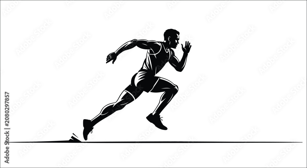 Fototapeta premium Sprinter silhouette running across the track with bold shadowing, powerful movement, and competitive athletics style, vector, designs