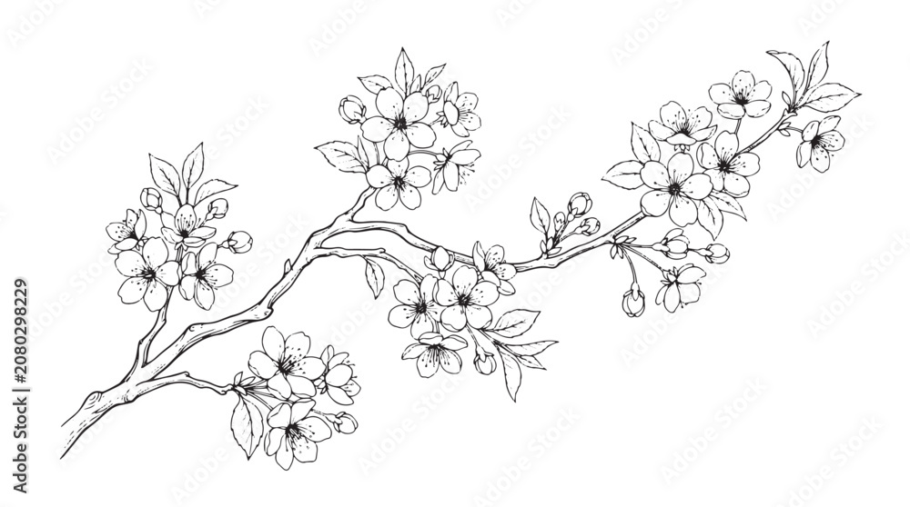 Fototapeta premium Vintage cherry blossom branch vector illustration, black and white sakura flower line art, hand drawn botanical spring floral sketch for wedding design