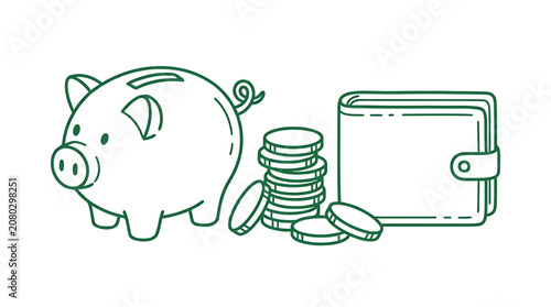 Simple line art illustration of a piggy bank with coins and a wallet.