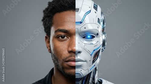 A split image showing human and robot faces, highlighting the fusion between humanity and technology in a modern context.