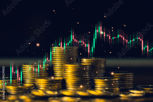 Golden coin stacks with glowing candlestick chart represent investment strategy, financial trading, market volatility, asset growth, wealth creation and long term business success.