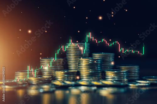 Stacked coins with financial candlestick chart and glowing light symbolize investment opportunities, business expansion, profit growth, wealth management and economic success.