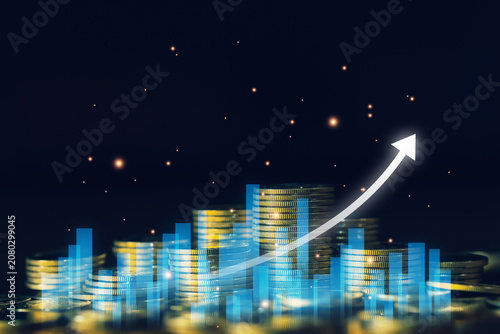 Stacked coins with transparent financial bar chart and rising arrow illustrate investment growth, business success, increasing revenue, wealth management and positive market trends.