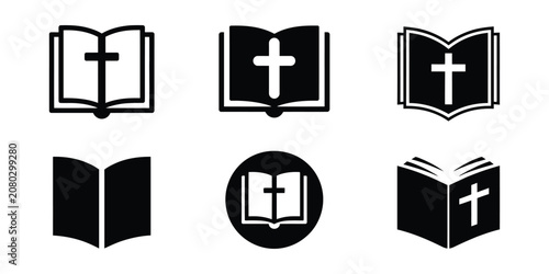 Foto Holy bible book icon set with christian cross, religious faith symbols represent