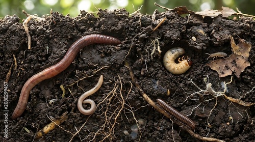 Earthworm and insect larvae in soil showing ecosystem biodiversity and underground life