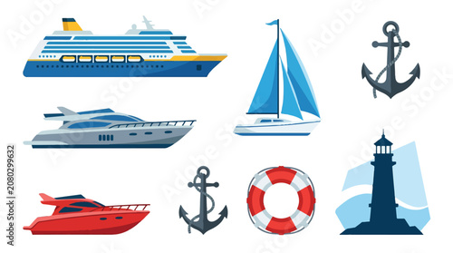 Marine Transportation Icons Set with Cruise Ship Yacht Sailboat Boat
