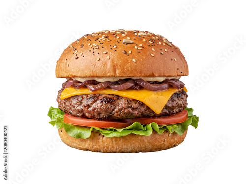 Fotografie Mouth-watering gourmet beef burger with melted cheddar cheese and sweet caramelized onions