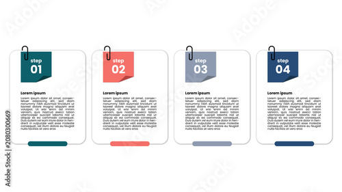Step-by-step business infographic template featuring four white cards with numbered steps one to four attached by black paperclips on teal, coral, grey, and blue banner tabs.
