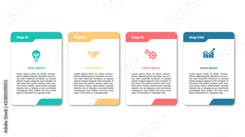 Four step business process infographic with colorful cards featuring icons for idea, handshake, gears, and bar chart growth on a clean white background for presentations.