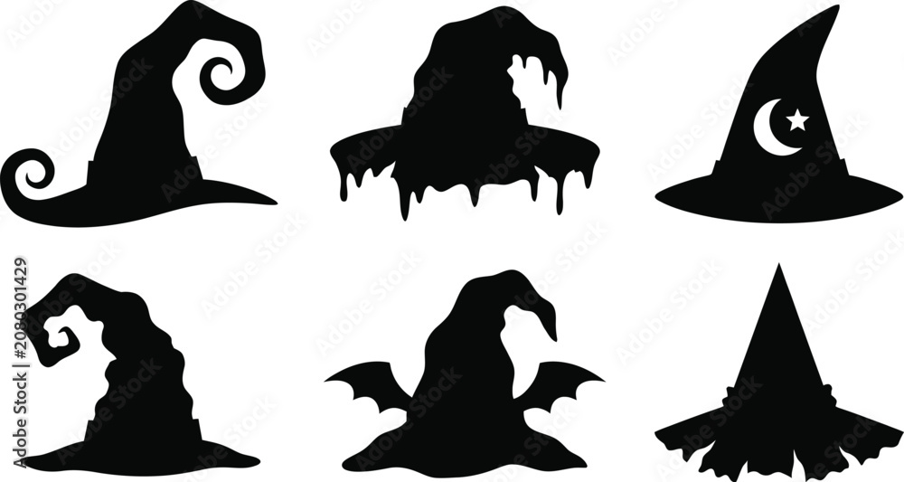 Fototapeta premium Happy helloween day collection of six black silhouette witch hats for spooky celebrations