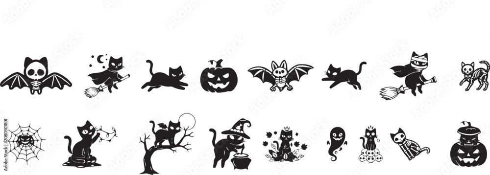 Fototapeta premium Hand Drawn Halloween Black Silhouette Icons and Creepy Decoration Elements Vector Set