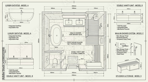 Luxury bathroom furniture atlas technical floor plan and elevation drawings