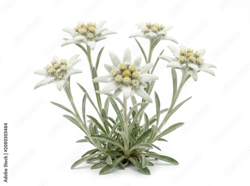 Fototapeta premium Beautiful white edelweiss mountain flower blooming with green leaves and fuzzy petals showing natural alpine plant characteristics isolated on white background