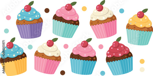Quadro su tela Cute cartoon cupcakes vector illustration set with colorful frosting cream cherr