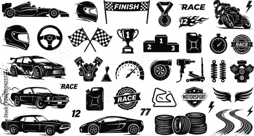 Motorsport and racing silhouette icon set featuring sports cars formula one vehicle motorcycle helmets checkered flags and trophies vector graphics.