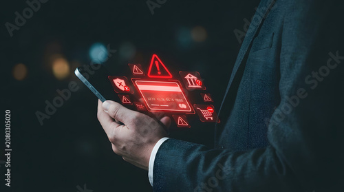 Businessman Holding Smartphone With Credit Card Alert Icons Representing Mobile Payment Risk And Banking Security