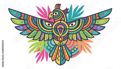 Vibrant and colorful bird illustration with tribal-inspired geometric patterns and tropical foliage on a pure white background.