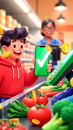 3D boy paying with smartphone at grocery store checkout.