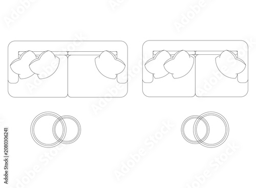 Furniture top view vector sketches of modern sofas and round side tables for interior architectural planning and apartment layout design blueprints.