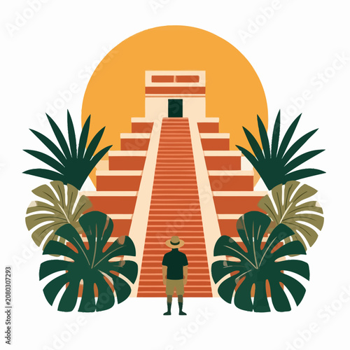 Ancient Mayan Pyramid Illustration with Explorer and Tropical Jungle Leaves Under a Large Setting Sun.