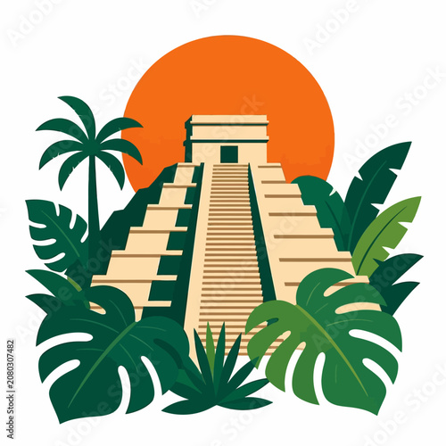 Ancient Mayan Pyramid Surrounded by Tropical Jungle Vegetation.
