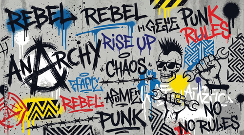 Schilderij op canvas Punk graffiti wall background with anarchy symbol, skull, and rebel slogans