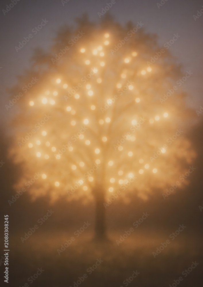 Fototapeta premium A dreamy, blurred image of a tree adorned with glowing lights