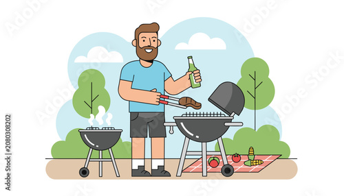 Man grilling meat and vegetables at a barbecue picnic in a lush outdoor park setting with trees and a clear blue sky on a summer day.