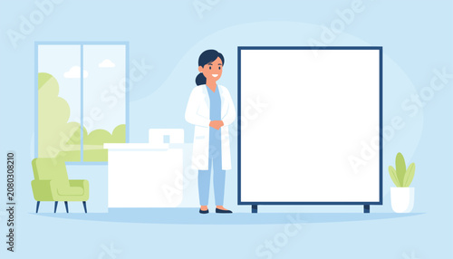 Professional doctor standing in a medical office next to a large empty whiteboard for information or medical announcements or clinic.