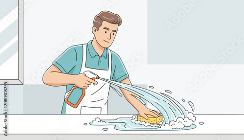 Man cleaning a kitchen counter using a spray bottle and a sponge with water splashes and soap suds in a clean household environment.