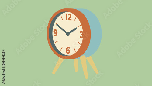 Classic analog alarm clock standing on short wooden legs against a simple light green background representing time and productivity.