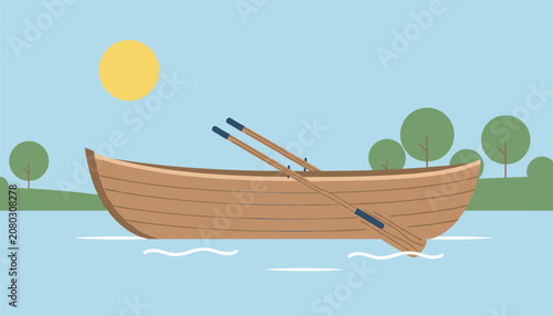Wooden rowboat floating on a calm lake with oars resting on a sunny day surrounded by trees and a clear blue sky in the nature.