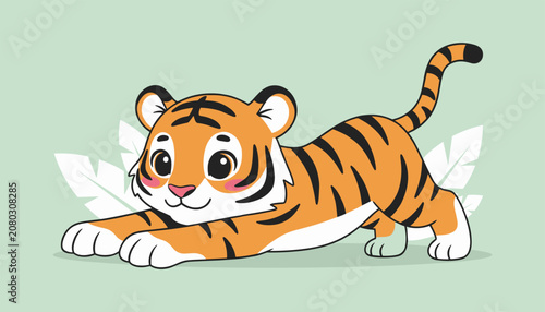 Cute baby tiger stretching on a light green background with white leaves in a playful and adorable jungle animal illustration design.