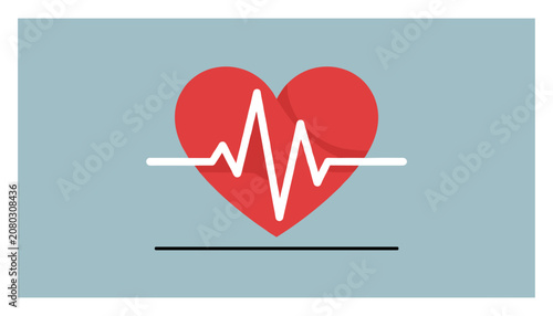 Heart shape with an EKG pulse line across it representing health, heart rate, cardiology, and wellness on a simple background.
