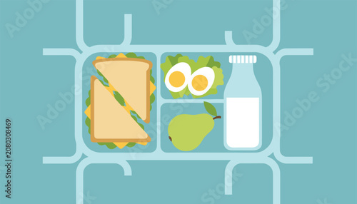 Healthy lunch tray with a sandwich, two boiled eggs on lettuce, a fresh pear, and a bottle of milk for a balanced nutrition meal.
