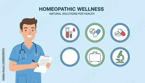 Homeopathic doctor in a clinic setting with medical icons representing natural healthcare and homeopathic wellness and natural solutions.