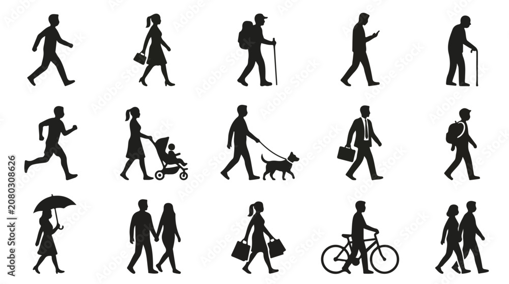 Fototapeta premium Walking people silhouettes set, 15 black human figures in motion, diverse pedestrians and urban commuters vector collection isolated PNG with Transparent Background